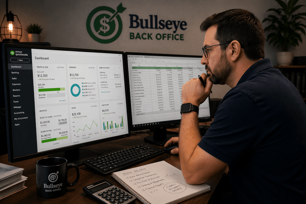 John Madison reviewing bookkeeping reports and financial dashboards for a Phoenix business